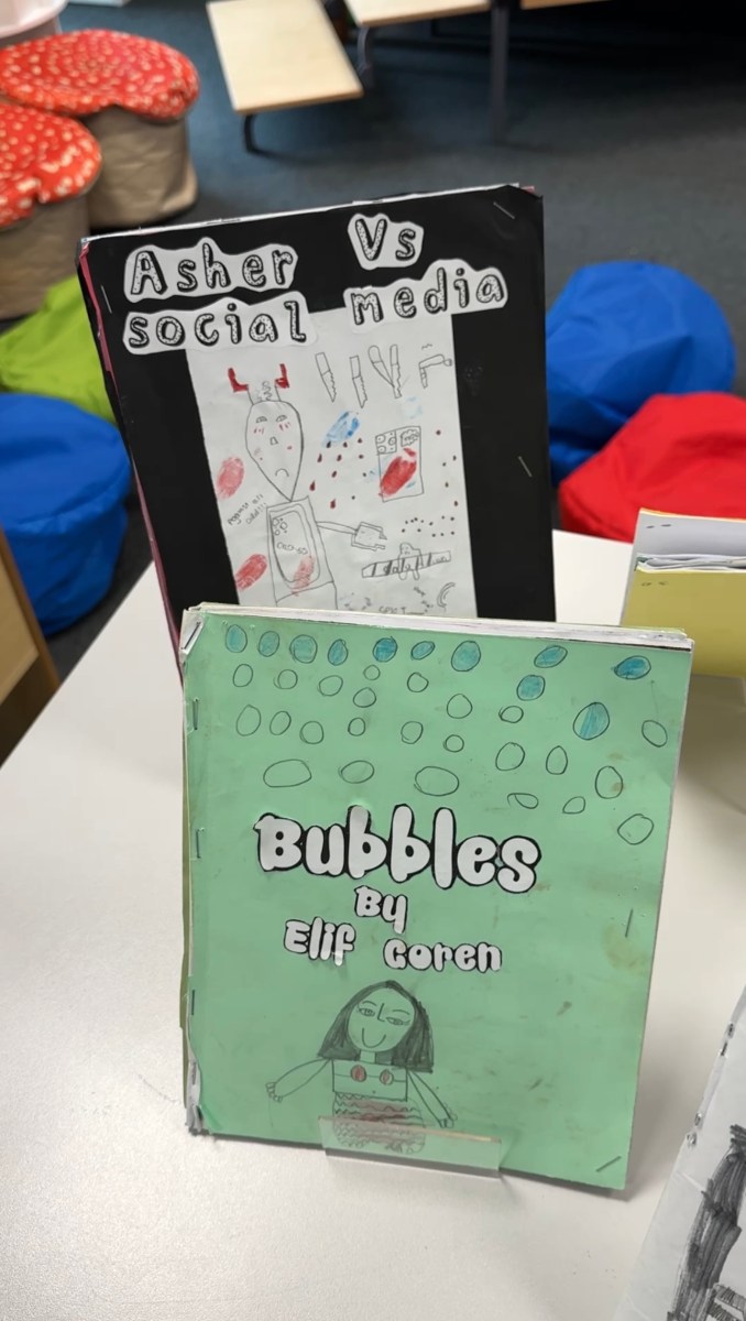 Front covers of the first books written by students at author club
